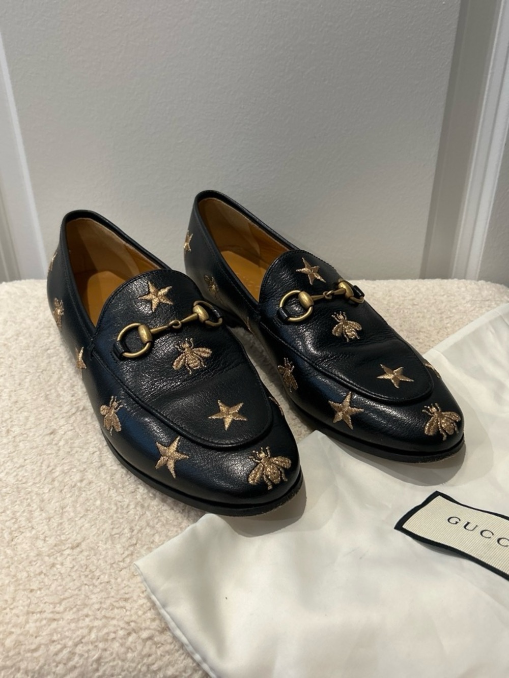 Gucci Black Leather Embroidered Bee & Star Horsebit Loafers